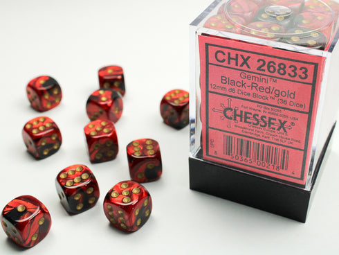 Chessex: 12 mm D6 Dice Block (36 count) - Gemini Black-Red/Gold
