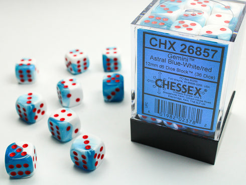 Chessex: 12 mm D6 Dice Block (36 count) - Gemini Astral Blue-White/Red