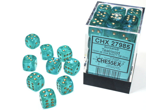 Chessex: 12mm D6 Dice Block (36 dice) - Borealis Teal/Gold