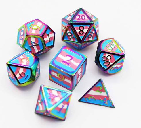 Dice For All: 7 Piece Metal RPG Dice Set - Transgender Pride Flag