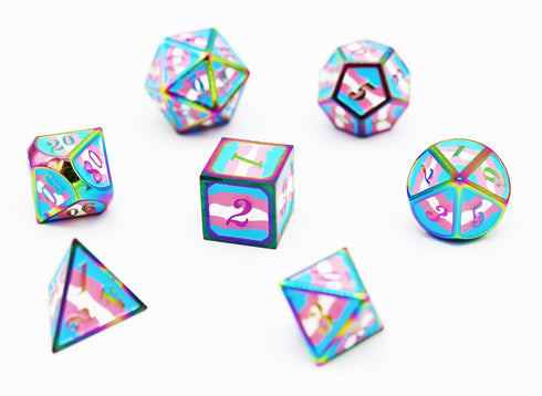Dice For All: 7 Piece Metal RPG Dice Set - Transgender Pride Flag