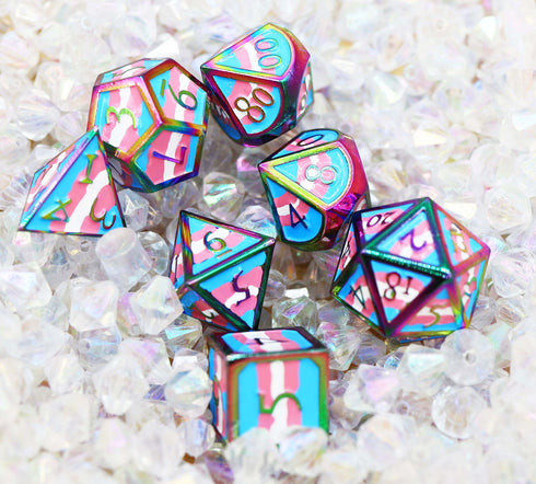 Dice For All: 7 Piece Metal RPG Dice Set - Transgender Pride Flag